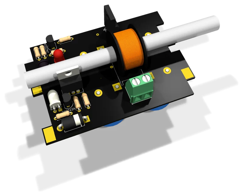 Placa del controlador de descarga con la bobina montada, render 3D