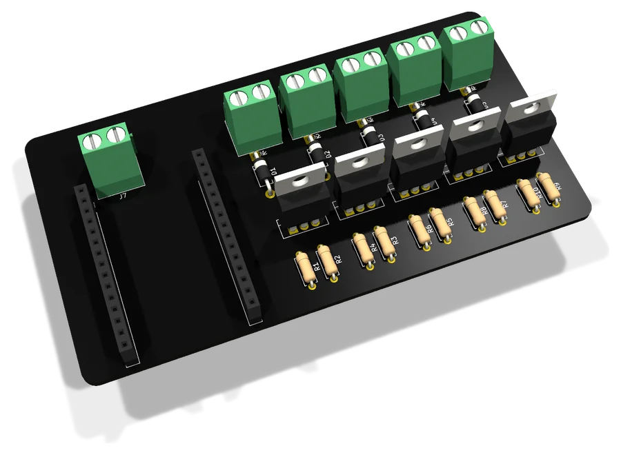 Render 3D del controlador de riego de cinco canales